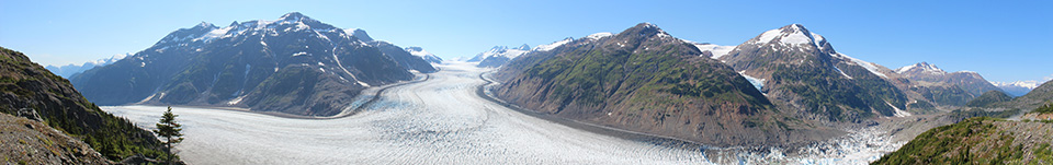 Glacier flowing through mountains